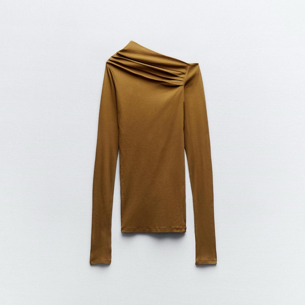 Zara Tan Asymmetrical Long Sleeve Blouse